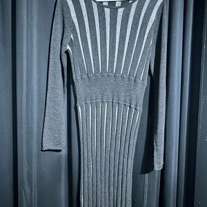 Calvin Klein Charcoal Gray Ribbed Long Sleeve Midi Dress